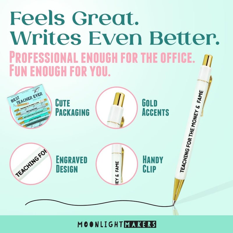 Moonlight Makers Funny Pens — Cute Pens for Teachers, Snarky Black Ink Ballpoint with Sayings, Fine Point Office Desk Accessories for Women and Coworkers Gift Ideas, Set of 5, Best Teacher Ever - Image 4